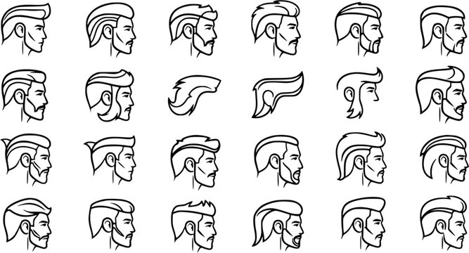 Black and White Line Art Icons of Men's Hairstyles and Beards, Vector Collection