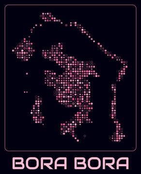 Bora Bora digital style map. Small circle dots on dark background. Dotted shape of the island. Vector map and title. Stylish vector illustration.