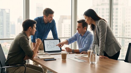 Obraz premium Business Team Discussing Strategy Around Laptop in Office.