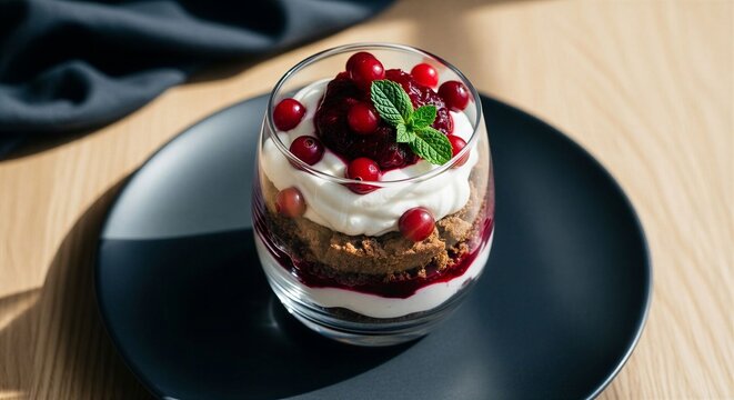 Latvian rupjmaizes kārtojums dessert in clear glass with layered rye breadcrumbs whipped cream and cranberry compote