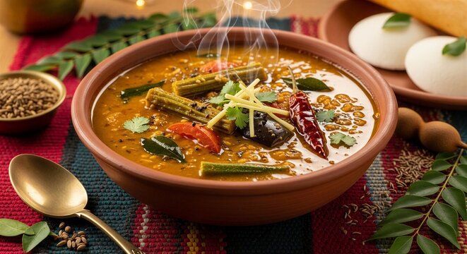 Indian sambar in handcrafted terracotta bowl, rich golden brown lentil stew with vegetables
