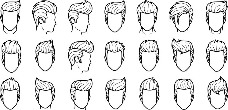 Men's Hairstyles Black and White Line Art Vector Icons Collection: Fashion, Beauty  Barber Shop Grooming Designs