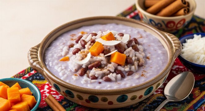 Dominican habichuelas con dulce, creamy coconut rice pudding with red beans and sweet potato, cinnamon spice notes