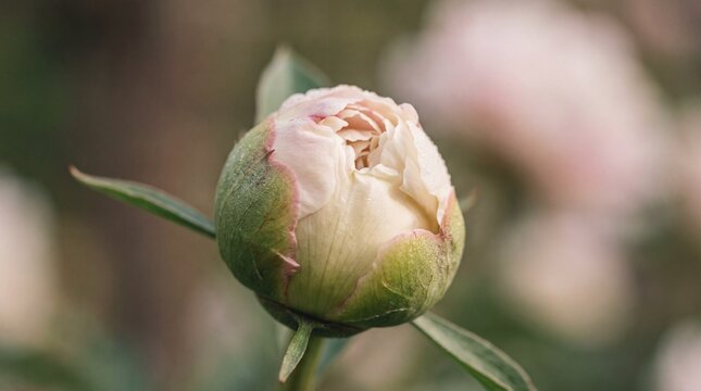 A delicate peony bud, poised on the cusp of blooming, showcases intricate textures and soft hues against a blurred, verdant background, embodying nature's subtle grace and ephemeral beauty.