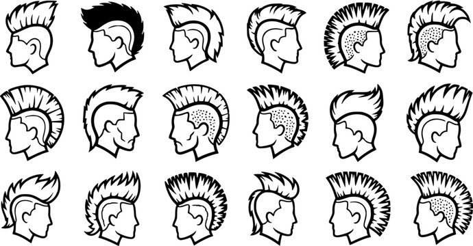 Black and White Line Art Illustrations of Diverse Mohawk Hairstyles