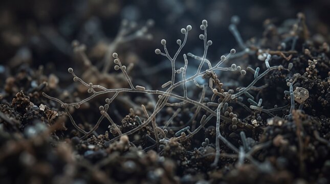 A captivating macro perspective showcases delicate, translucent mycelial filaments emerging from rich, dark soil, evoking the hidden beauty of the microscopic world.