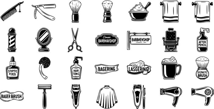 Black  White Vintage Barber Shop Icons Set. Hairdressing Tools, Grooming Equipment, and Salon Accessories in Retro Line Art Style.