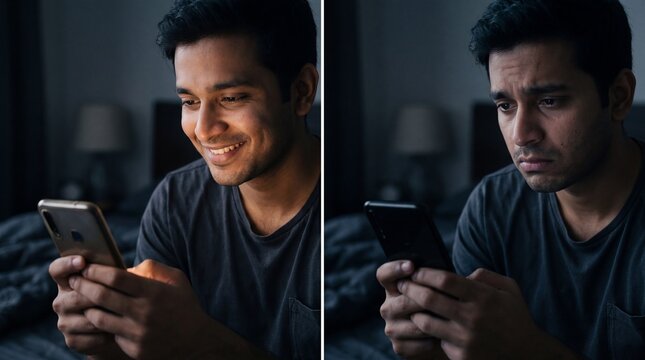 A man experiencing emotional contrast, showcasing both happiness and sadness while engaging with his mobile phone. A visual exploration of inner turmoil.