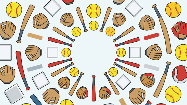 A vibrant circular pattern of baseball and softball equipment including bats, balls, gloves, and bases on a light background.