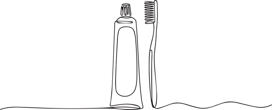 Continuous line drawing of toothbrush and toothpaste on white background