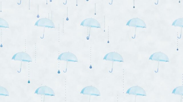 傘のイラスト　上から下へスクロールするアニメーション　雨粒が降る背景【ループ】【青系の配色】