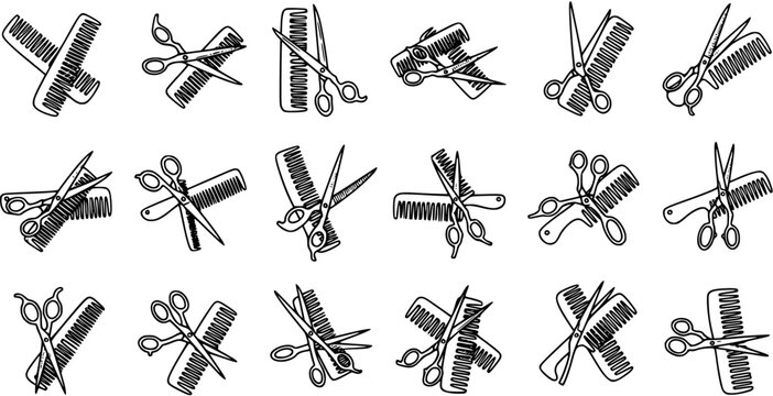 Set of 15 Black and White Line Art Illustrations of Scissors and Combs, Barber Tools Icons