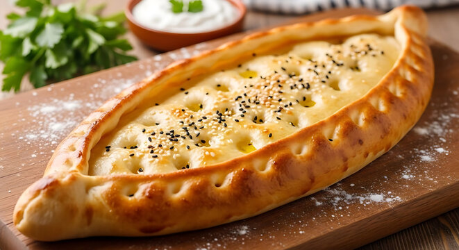 A golden-brown Turkish pide flatbread topped with sesame seeds and black cumin sits on a wooden board.