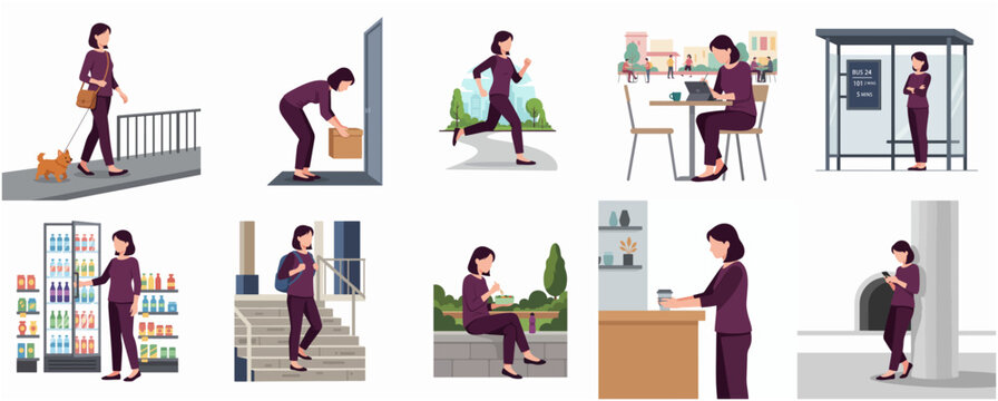 Flat Design Woman Character Performing Various Daily Activities and Errands in Modern Urban Settings