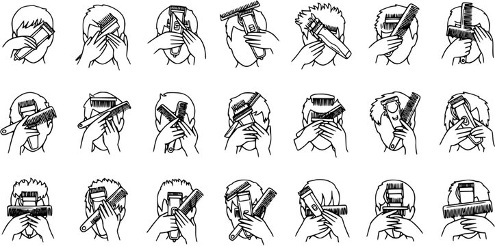 Hairdressing  Barbering Haircut Guide: Steps with Clippers, Combs, Scissors  Razors. Black  White Line Art Outline Icons for Personal Hair Care