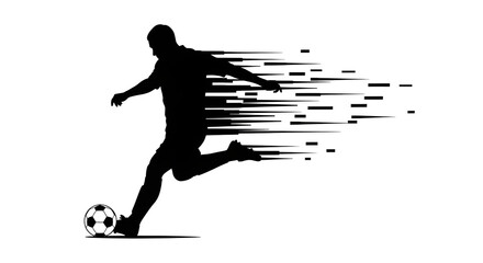 Fototapeta premium Dynamic Strike: A silhouetted soccer player unleashes a powerful kick, the motion captured in a blur of speed and precision, creating a visually striking representation of athleticism.