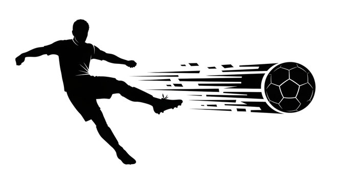 Action Shot: Soccer Player Kicking Ball with Motion Blur: A dynamic silhouette captures a soccer player mid-kick, sending the ball soaring with motion blur.