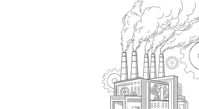 Sketch illustration of an industrial factory with smoking chimneys and mechanical gears.