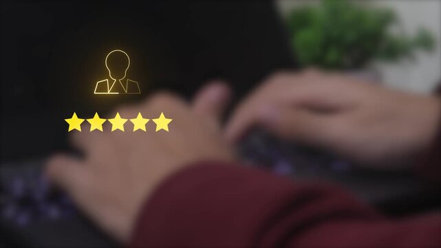 A businessman gives a five-star review online. Excellent customer experience evaluation.