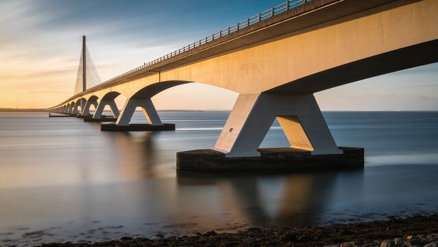 Modern Cable Stayed Bridge Over Calm Water at Golden Hour with Minimalist Long Exposure Architectural Perspective