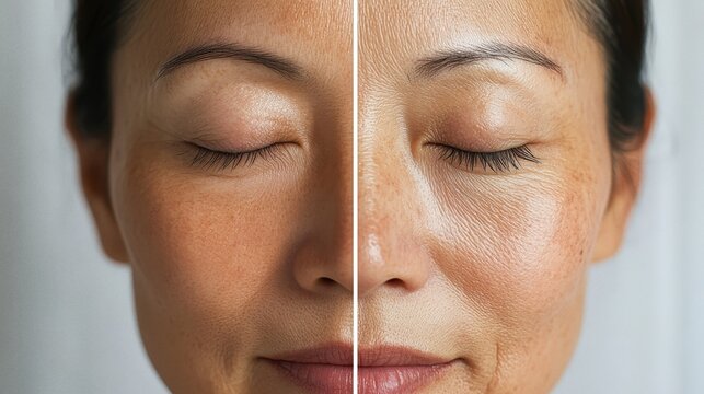Split Image: Mature Asian Woman's Face Showing Skin Rejuvenation After Cosmetic Treatment or Skincare
