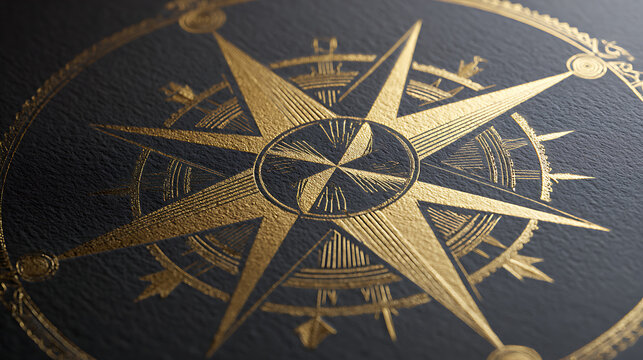 Golden compass design on textured black background