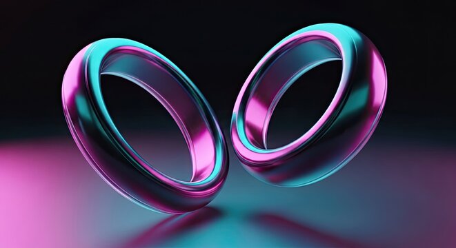 Elegant shimmering ring design featuring two torus shapes, metallic reflections with cyan and magenta gradients, in dark background