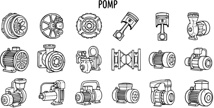 Industrial Engineering Black and White Line Art Vector Icons featuring Pumps, Pistons, Motors, and Mechanical Equipment Outline Collection for Design.
