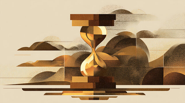 Golden hourglass surrounded by abstract clouds
