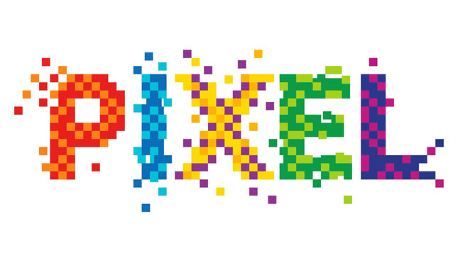 Colorful pixelated word 'PIXEL' dissolving into digital fragments on a white background