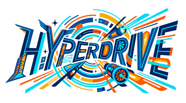 Dynamic "HYPERDRIVE" text design with futuristic rockets and abstract energy bursts