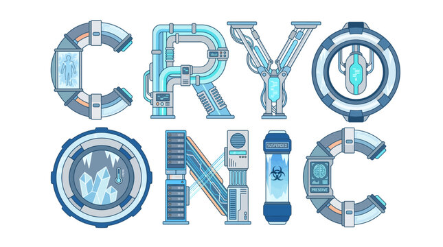 Futuristic cryonic lettering spells out a science fiction concept with cool blue tones and technological elements.