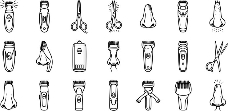 Personal Grooming  Beauty Line Art Icons: Hair Removal Tools Set. Outline Nose Hair Trimmers, Shavers, Scissors, and Electric Razors Glyphs for Hygiene.