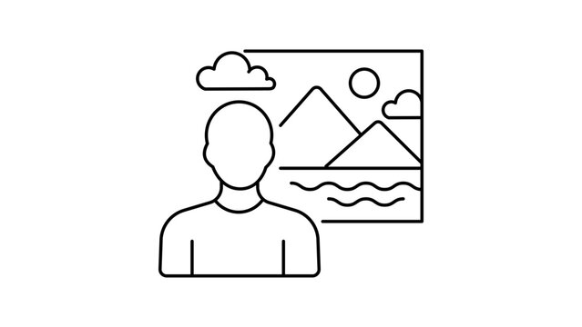 Virtual Background Concept Vector Icon Illustration with Editable Stroke. Minimalist Black Line Art of a Person in Front of a Scenic Landscape for Video Calls, Remote Work, and Digital Meetings.