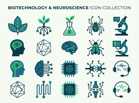 Biotechnology and Neuroscience Icon Set. Modern vector icons for medical technology, brain research, genetic engineering, and neurotech development.
