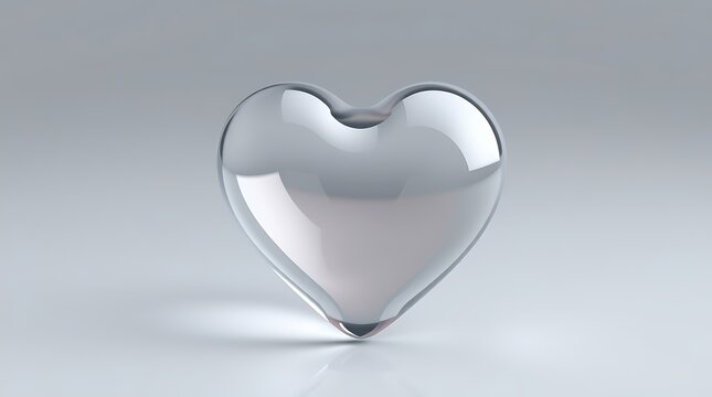 Transparent Glass Heart Minimal 3D Render with Soft Reflection on Clean Background