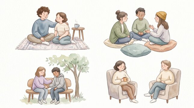 Friends and individuals give comfort and listen to others during personal and group conversations