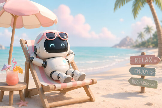 Robot's Beachside Bliss: A cute robot lounges in a deckchair at the beach, sipping a tropical beverage. It embodies a blend of technology and relaxation under a beach umbrella, amidst the sun, sand.