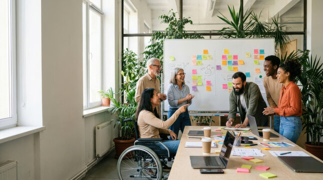 Diverse team meeting creative office startup workspace business collaboration wheelchair user inclusive workplace brainstorming session planning strategy sticky note wall happy colleagues