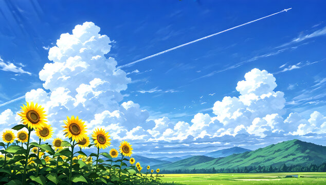 夏のヒマワリと飛行機雲