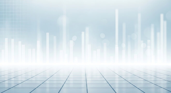 Futuristic digital interface with glowing abstract bars and grid floor blue and white tones bright lights