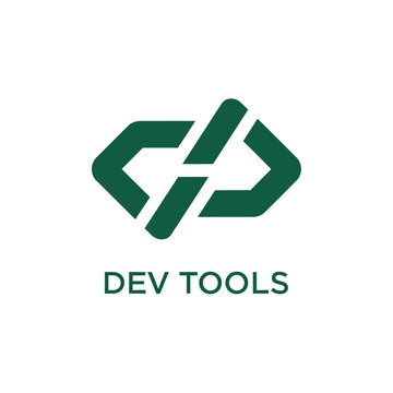 Dark green geometric code brackets symbol for software development tools company.