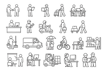 Fototapeta premium Set Of Simple Line Icons Depicting Business, Office Workers, Delivery, Logistics, And Teamwork