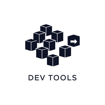 dev tools logo vector with scattered cubes and arrow illustration, development concept.