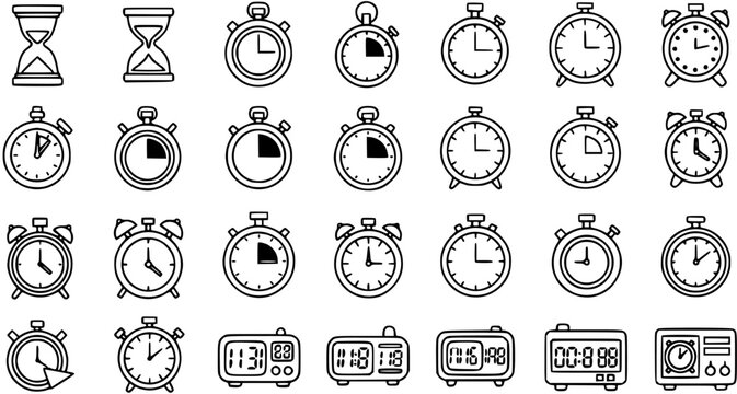 Black and White Line Art Icons of Various Clocks and Timekeeping Devices, Representing Time Management and Schedules