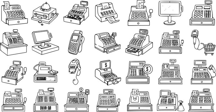 Black and White Line Art of Various Cash Registers and Payment Terminals for Retail and Business