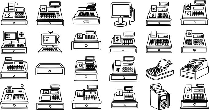 Black and White Line Art Collection of Various Cash Registers and POS Systems