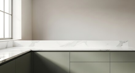 Fototapeta premium Modern kitchen interior with marble countertop and window light.