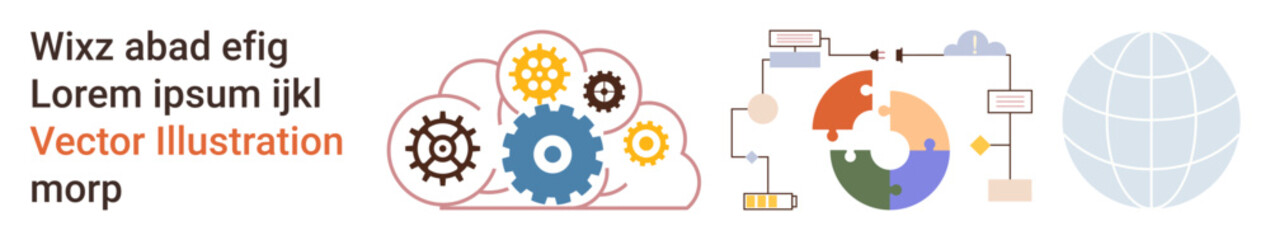 Obraz premium Data integration, cloud computing, global connections, teamwork, automation, process networking. Gears inside a cloud, chart diagram connected globe. Data integration and cloud computing concept