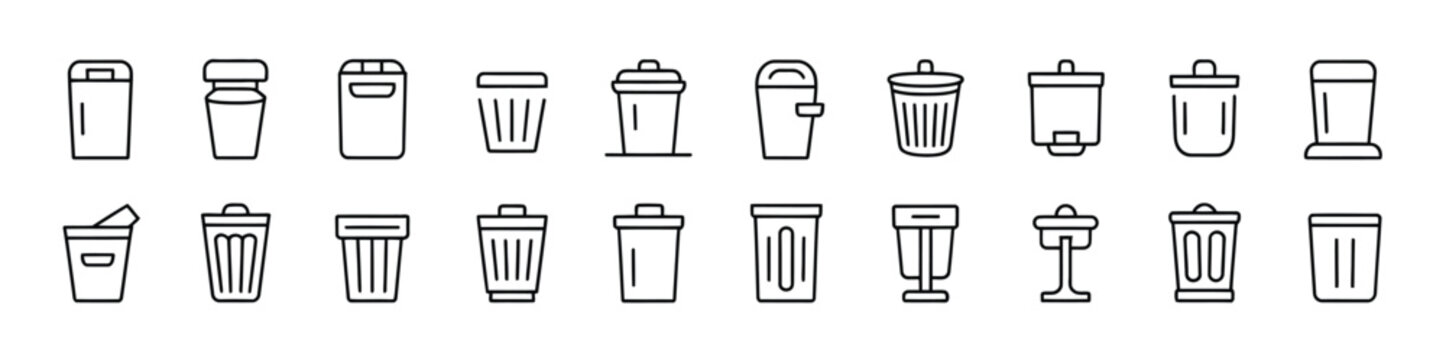 Simple line set of trash icons, modern garbage and waste management outline icons, clean editable vector set suitable for recycling campaigns